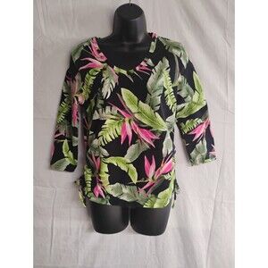 Caribbean Joe Top Womens Medium Blue Green Floral 3/4 Sleeve